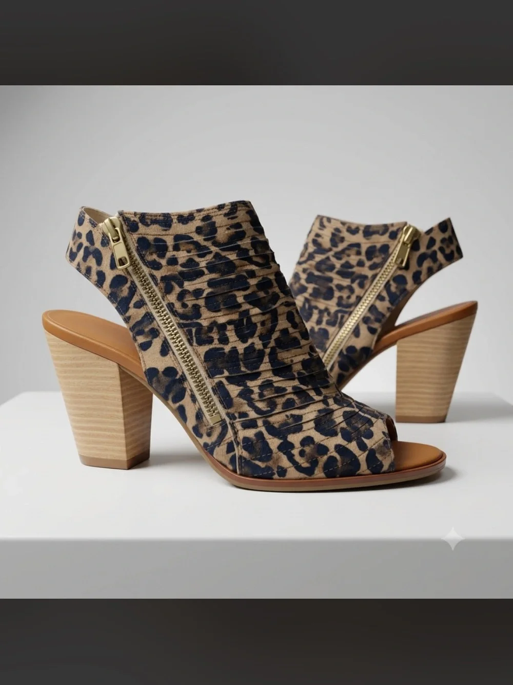 Paul Green Leopard Print Leather Open Toe Ankle Booties Zip Heels Sz 4UK 6.5 US